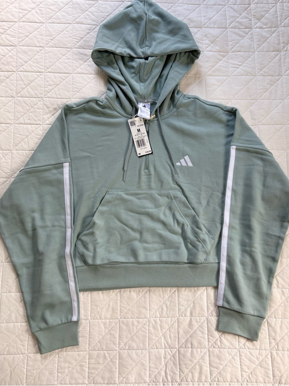NWT Adidas Essentials 3-Stripes French Terry Quarter-Zip Hoodie - Wonder Sage